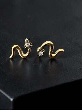 Gold Tone Snake Stud Earrings with Clear Crystals | Petite Serpent Post Earrings